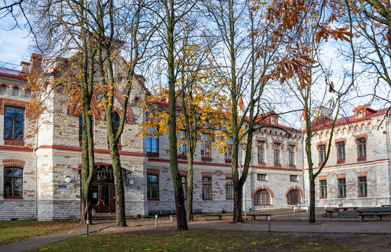 Tallinn European School building. Estonia. Multilingual multicultural Tallinn European School. Autumn time. Stone building