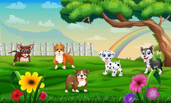 Funny cartoon different breeds dogs in the meadow