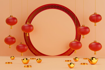 3d rendering Chinese New Year background with lantern, gold ingot and coin.