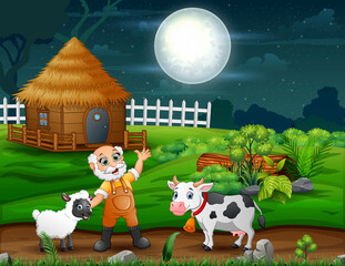 Happy old farmer with farm animals in the field