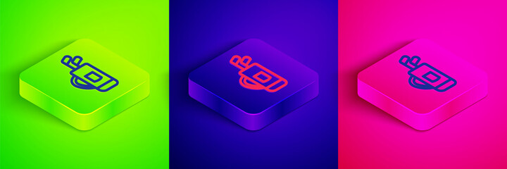 Isometric line Golf bag with clubs icon isolated on green, blue and pink background. Square button. Vector