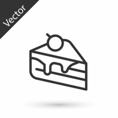 Grey line Piece of cake icon isolated on white background. Happy Birthday. Vector
