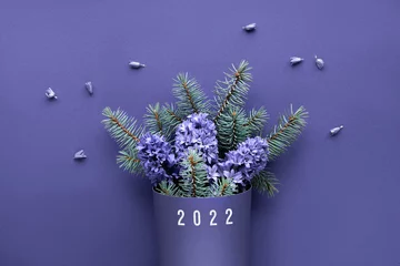Washable wall murals Pantone 2022 very peri Winter bouquet on purple very peri monochrome paper background. Simple minimal winetrtime winter arrangement with fir twigs and blue hyacinth flowers. Flat lay, top view.
