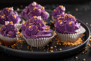 Unique cupcakes made of purple cream for fat thursday.