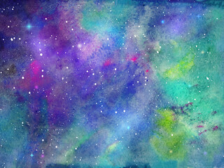 Watercolor space texture, galaxy with glowing stars. Night starry sky with white stardust.