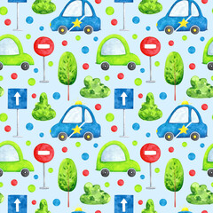 Watercolor cars on blue background seamless pattern. Cartoon transport repeat print. Road traffic background for nursery, children, textile, fabric, wallpaper, wrapping paper and decoration.