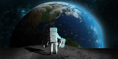 Astronaut on rock surface moon in space. Spacewalk.Astronaut standing looking at the Earth on lunar moon landing mission.Nebula,sun,planet.Elements of this image furnished by NASA.3D illustration