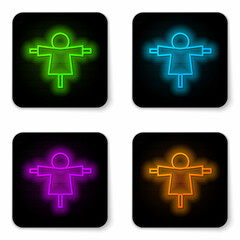 Glowing neon line Scarecrow icon isolated on white background. Black square button. Vector