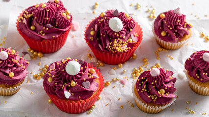 Tasty red cupcakes made of raspberries for valentine's day.