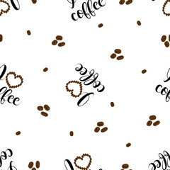 Vector coffee seamless pattern on a white background with the inscription I love coffee is suitable for menu design, packaging, banner, textiles, wallpaper, scrapbooking