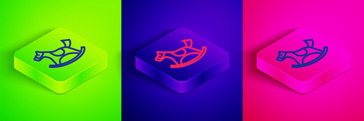 Isometric line Wooden horse in saddle swing for little children icon isolated on green, blue and pink background. Square button. Vector