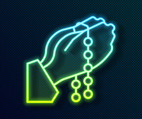 Glowing neon line Hands in praying position with rosary icon isolated on black background. Praying hand islam muslim religion spirituality religious. Vector