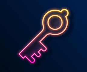 Glowing neon line Old magic key icon isolated on black background. Vector
