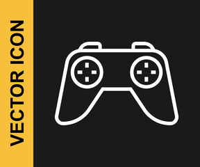 White line Game controller or joystick for game console icon isolated on black background. Vector