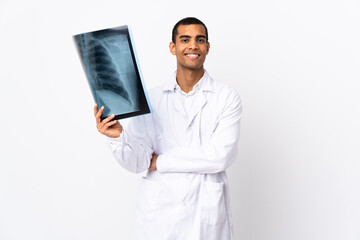 African American traumatologist over isolated whitebackground laughing