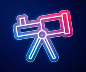 Glowing neon line Telescope icon isolated on blue background. Scientific tool. Education and astronomy element, spyglass and study stars. Vector