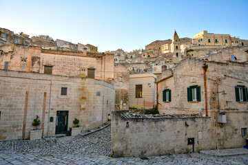 Fototapeta premium View of Matera, an ancient city built into the rock. It is located in the Basilicata region, Italy.