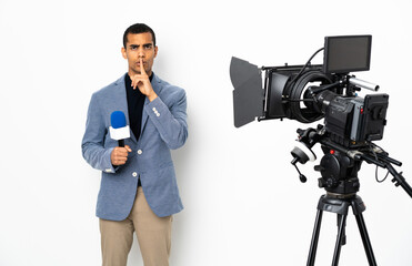 Reporter African American man holding a microphone and reporting news over isolated white...
