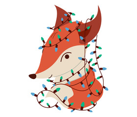 A flat fox in swag. Vector holiday character