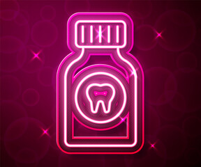 Glowing neon line Toothache painkiller tablet icon isolated on red background. Tooth care medicine. Capsule pill and drug. Pharmacy design. Vector