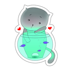 A cat is playing with fish in aquarium. Vector illustration.