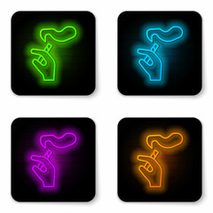 Glowing neon line Hand with smoking cigarette icon isolated on white background. Tobacco sign. Black square button. Vector