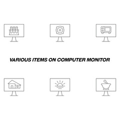 Monitors and computer screen concept. Modern symbols in flat style. Line icon set including icons of  laboratory bulb, speaker, microwave oven, house, sun, mortar and pestle on computer monitor
