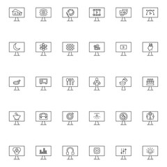 Line icon set of various items on screen of computer. Vector signs drawn in flat style. Suitable for advertising, web sites, banners, flyers etc