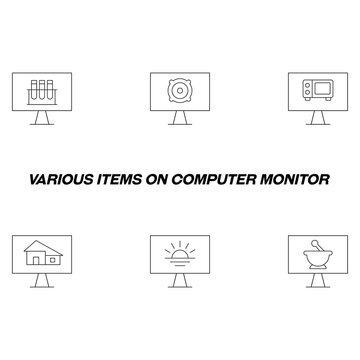 Monitors and computer screen concept. Modern symbols in flat style. Line icon set including icons of  laboratory bulb, speaker, microwave oven, house, sun, mortar and pestle on computer monitor
