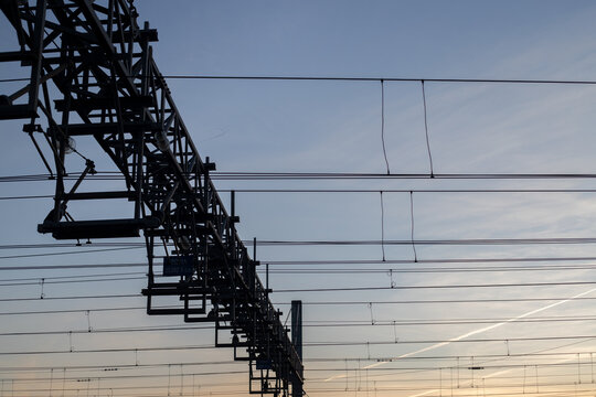 detail structure and train cables on surface with colored sky