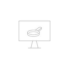 Vector outline symbol suitable for internet pages, sites, stores, shops, social networks. Editable stroke. Line icon of frying pan on monitor of modern computer