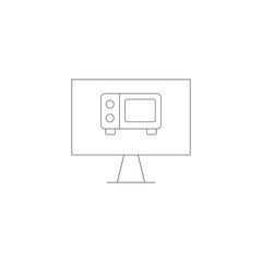 Vector outline symbol suitable for internet pages, sites, stores, shops, social networks. Editable stroke. Line icon of microwave oven on monitor of modern computer