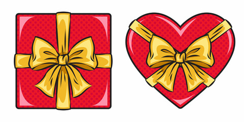 Red square gift box and heart shaped box with ribbons and bow. Pop art comic hand drawn vector illustration.