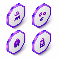 Set Isometric French press, Coffee beans, Bag coffee and Electric kettle icon. Purple hexagon button. Vector