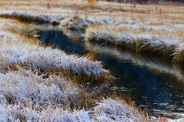 river and mountains snow seasonal, landscape background, panorama view