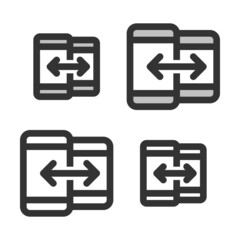 Pixel-perfect linear icon of data exchange between two smartphones  built on two base grids of 32 x 32 and 24 x 24 pixels for easy scaling. The initial base line weight is 2 pixels.  Editable strokes