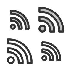 Pixel-perfect linear icon of RSS sign built on two base grids of 32 x 32 and 24 x 24 pixels. The initial base line weight is 2 pixels. In two-color and one-color versions. Editable strokes
