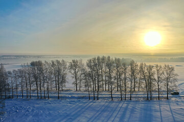 winter road top view, frost forest landscape outdoor