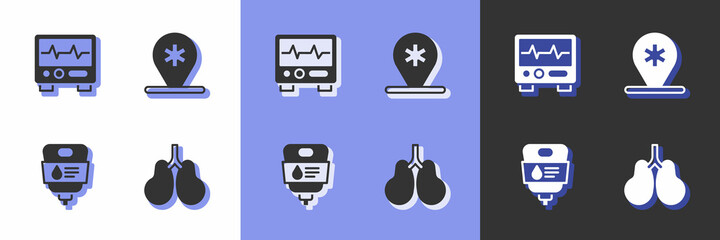 Set Lungs, Monitor with cardiogram, IV bag and Location hospital icon. Vector