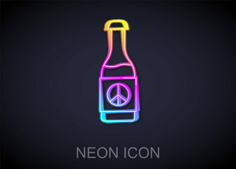 Glowing neon line Beer bottle icon isolated on black background. Vector