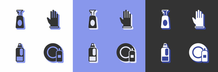 Set Dishwashing bottle and plate, Cleaning spray with detergent, Bottle for and Rubber gloves icon. Vector