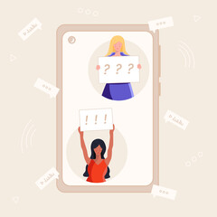 White and black women with interrogative and affirmative placards in hands in smartphone in flat style vector illustration