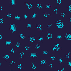 Set King crown, Medieval throne, Battle hammer and Fleur de lys or lily flower on seamless pattern. Vector