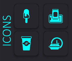 Set Round the clock delivery, Ice cream, Food ordering on mobile and Coffee cup to go icon. Black square button. Vector
