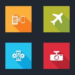 Fototapeta premium Set POS terminal, Plane, Hourglass and gear and Car DVR icon. Vector