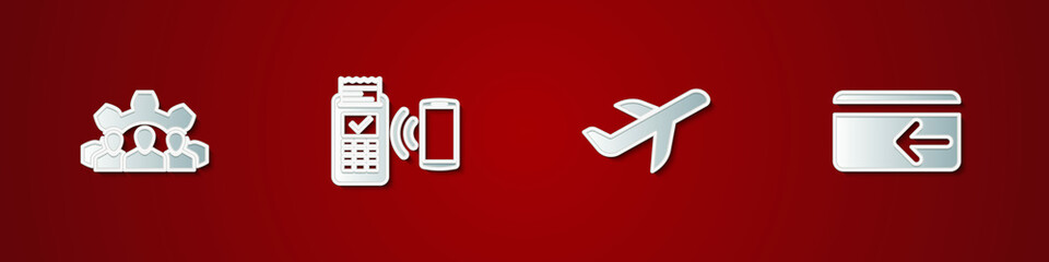 Set Project team base, POS terminal, Plane and Cash back icon. Vector