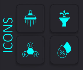 Set Water drop percentage, Shower, Fountain and Chemical formula water H2O icon. Black square button. Vector