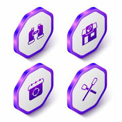 Set Isometric Binoculars, Hunting shop, Target sport and Burning match with fire icon. Purple hexagon button. Vector