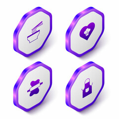 Set Isometric Asian noodles in bowl, Chef hat, Rolling pin on dough and Kitchen apron icon. Purple hexagon button. Vector