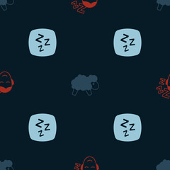 Set Dreams, Sheep and Sleepy on seamless pattern. Vector